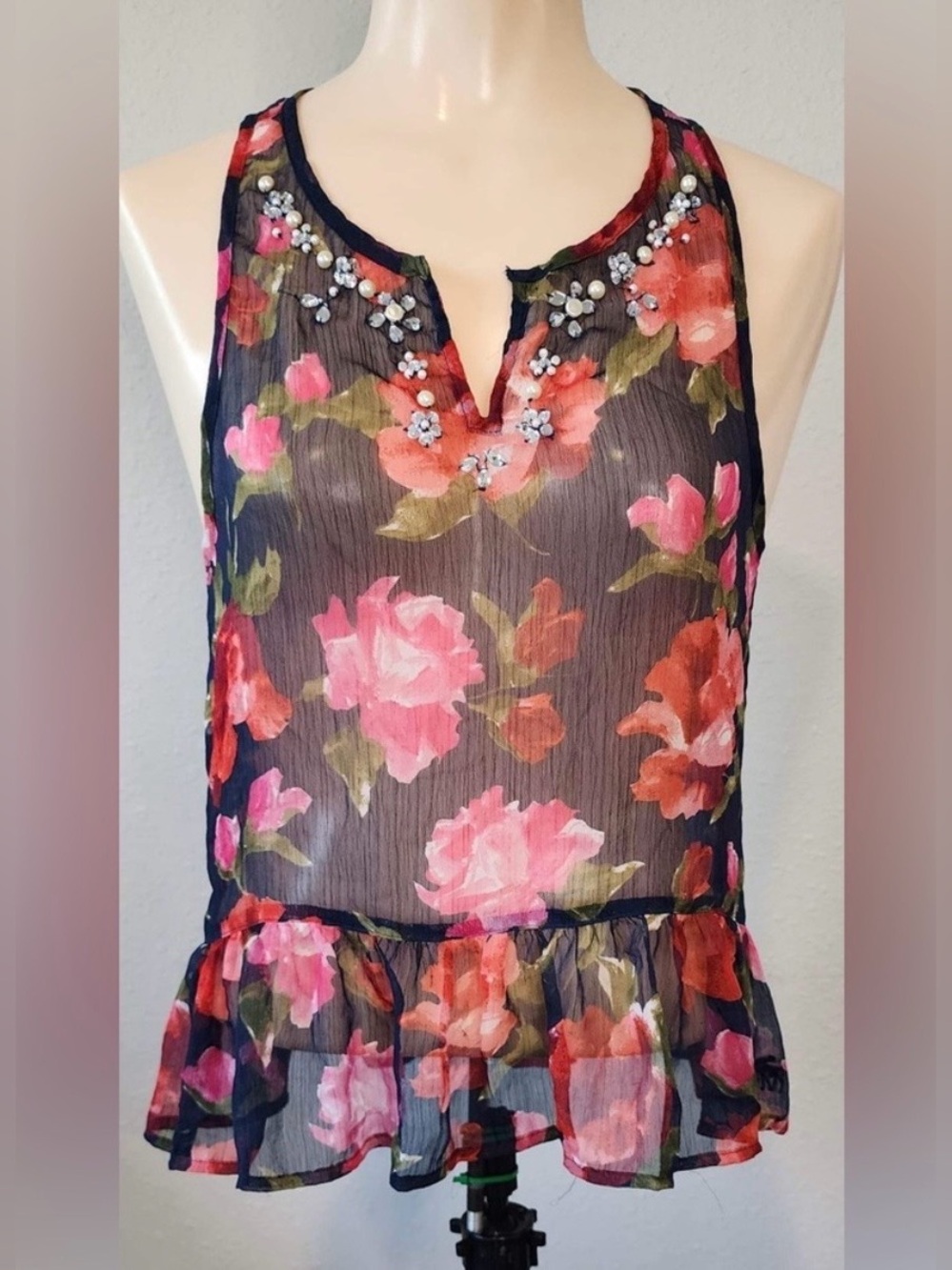 Abercrombie Floral W/ Rhinestone Embellishments Tank Top Youth Size XL